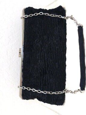 Terry Lewis Classic Luxuries Small BLACK FAUX FUR Handbag Purse SILVER Metal Top